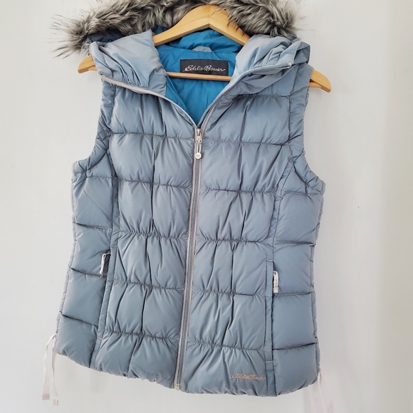 EDDIE BAUER M Ice Blue Goose Down Quilted Puffer Vest Detachable Hood Faux Fur - Picture 6 of 16